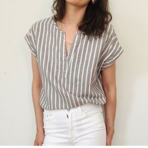 Ellen Tracy Gray and White Striped Linen Cotton Blend Capped Sleeves Top Size XL
